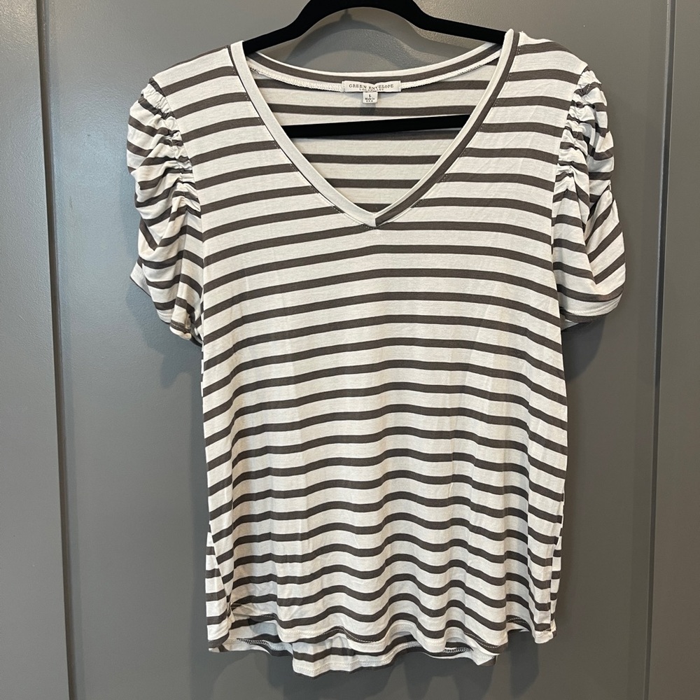 Green Envelope Striped Tee with Ruched Sleeves